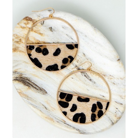 Gold Half Circle Leopard Open Circle Earrings - Picture 2 of 4